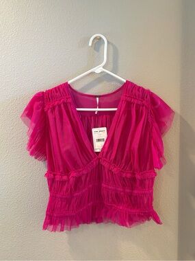 Free People Hot Pink Ruffled V-Neck Blouse